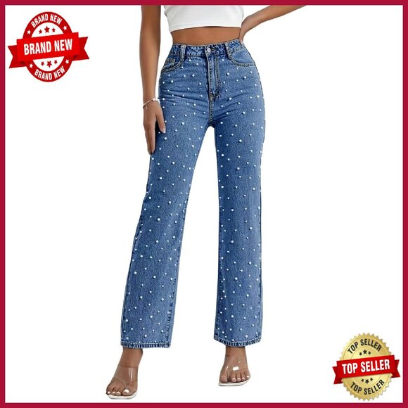 High Waisted Wide Leg Jeans with Pearls Boyfriend Fit Cotton Blend